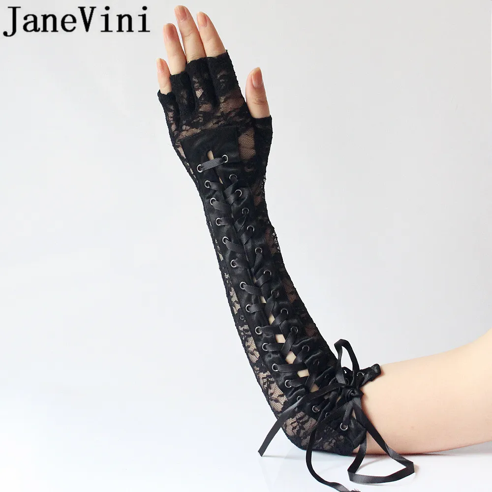 JaneVini Black Womens Long Wedding Gloves Lace Sexy Cocktail Party Evening Gloves Elbow Length Glove Dress Accessoire De Mariage