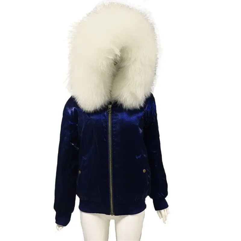 

Pleuche Velvet Blue Jacket Baseball Uniform 2019 New Arrival Real Fur Collar Coat For Women High Quality Faux Fur Liner