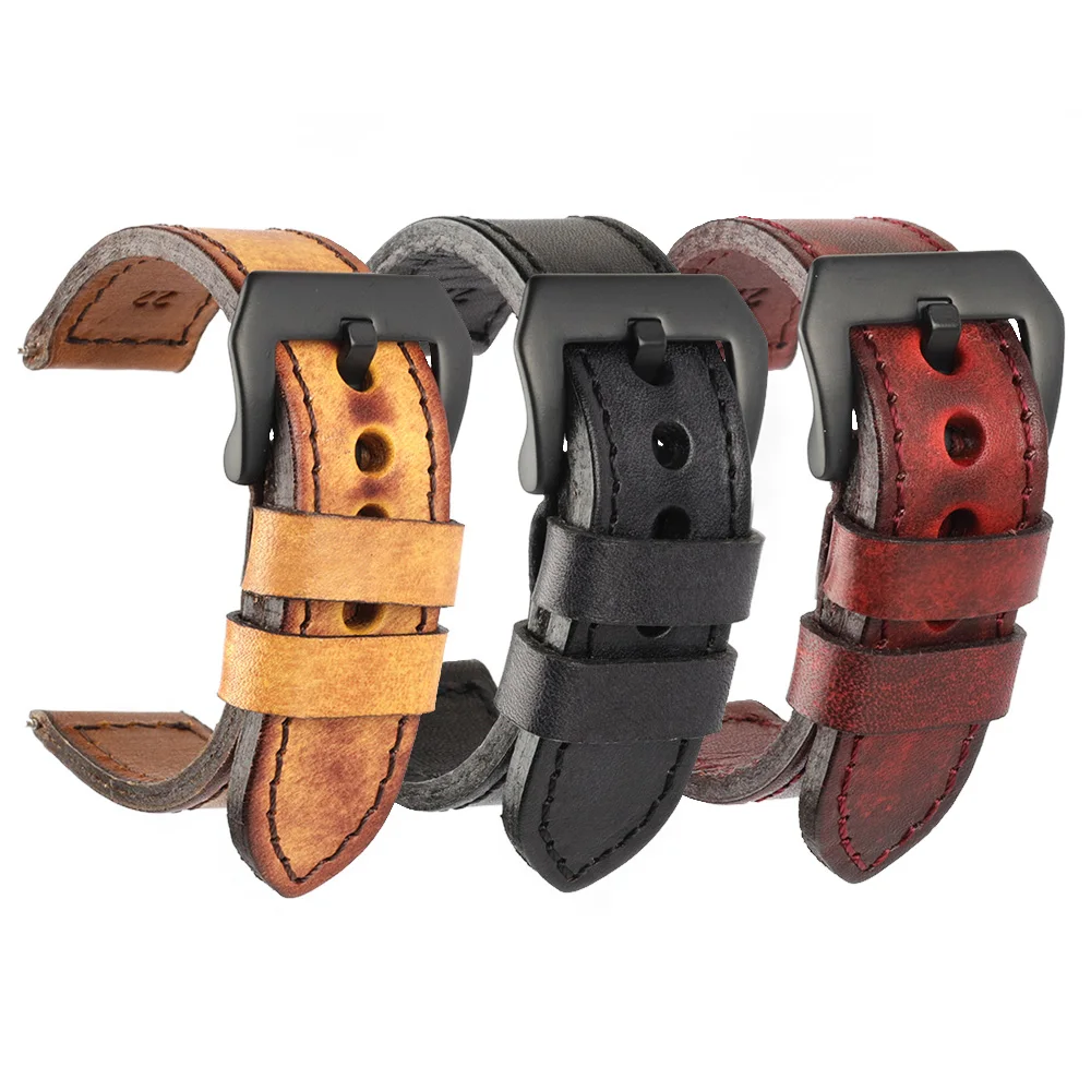 Cowhide Watch Strap Vintage Genuine Leather 20mm 22mm 24mm Black Red Women Men Fashion Watch Band Strap Belt With Black Buckle