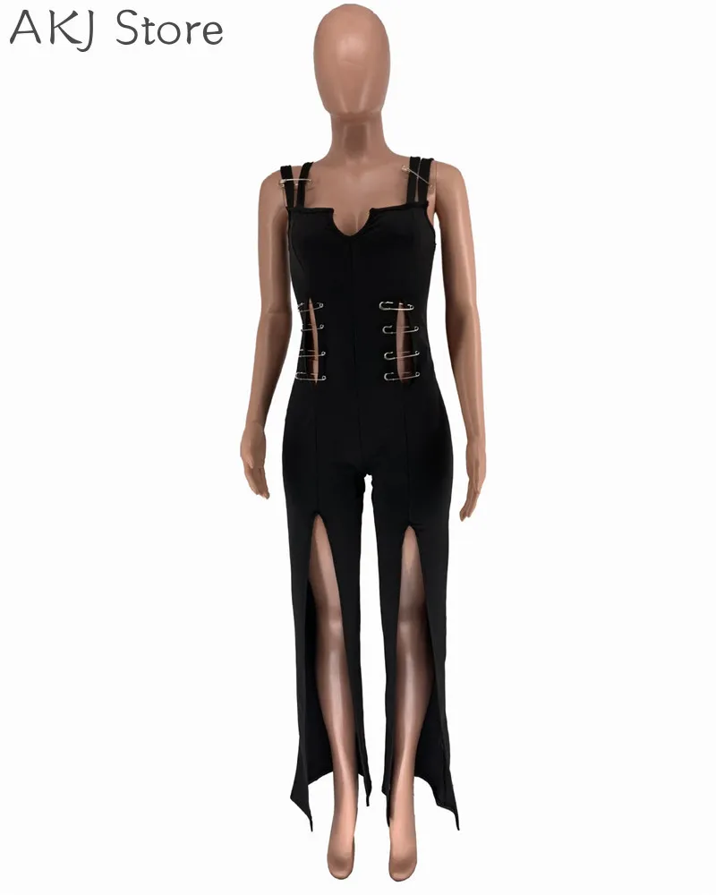 Women Sexy Solid Color Hollow Backless Skinny Jumpsuit Strap Romper Casual Pants Leg Slit Playsuit