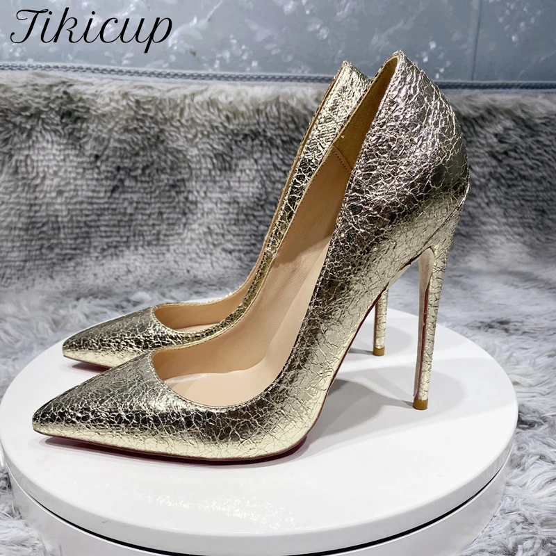 Tikicup Gold Matte Crocodile Effect Women Pointy Toe High Heel Wedding Party Shoes 8-12cm Gorgeous Stiletto Pumps Customizable