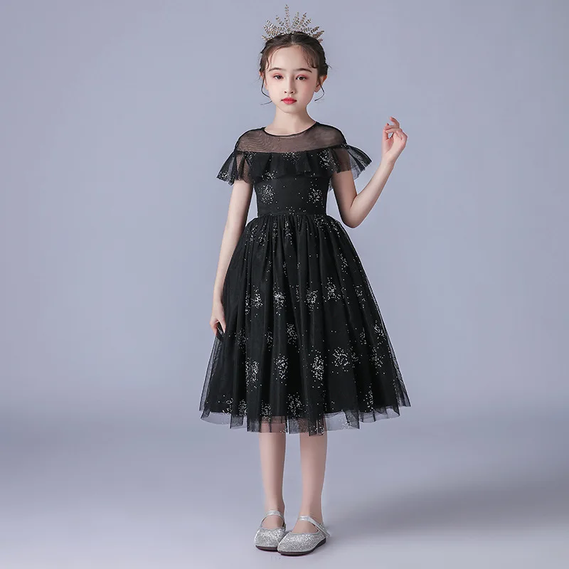 

Black Lace Girls Summer Dress Beads Elegant Lace Flower Girls Princess Formal Wedding Pageant Dresses Kids Graduation Party Gown