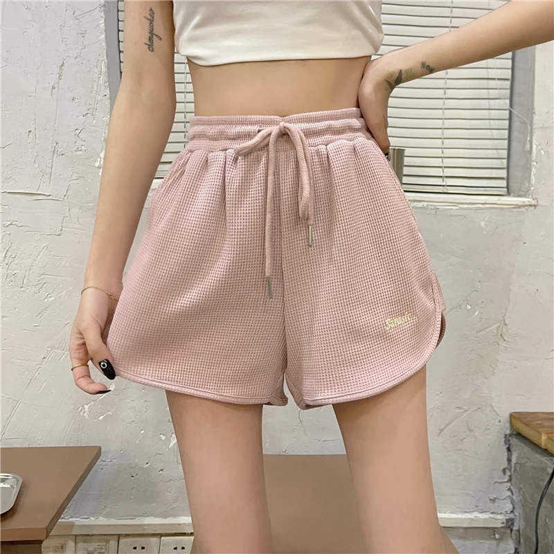 Women Shorts Loose Casual Elastic Waist Students Wide-leg Daily All-match Embroidery Streetwear Harajuku Summer Lace Up Trousers