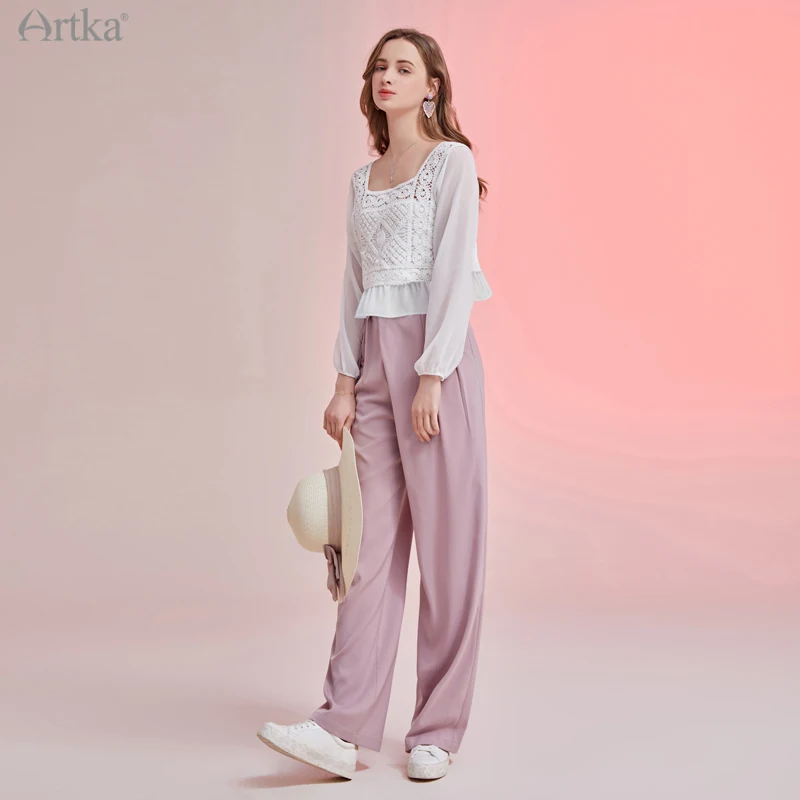 ARTKA 2025 Spring New Women Pants 3 Color Fashion Draping Wide Leg Pants Casual Loose High Waist Straight Chiffon Pants KA25016C