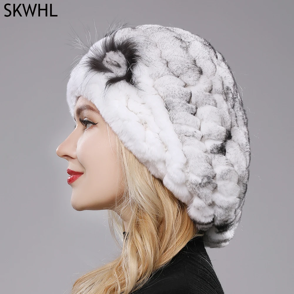 New Lovely Lady Beret Caps Knitted Real Rex Rabbit Fur Beanie Hat Women Winter Rex Rabbit Fur Hats 100% Real Rex Rabbit Fur Cap