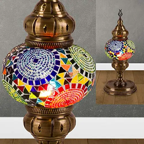 

English Moroccan Bedside Mosaic Table Lamp Light Lantern - Boho Multicolor Stained Glass Lamp for Bedroom Living Room (Multi-Col