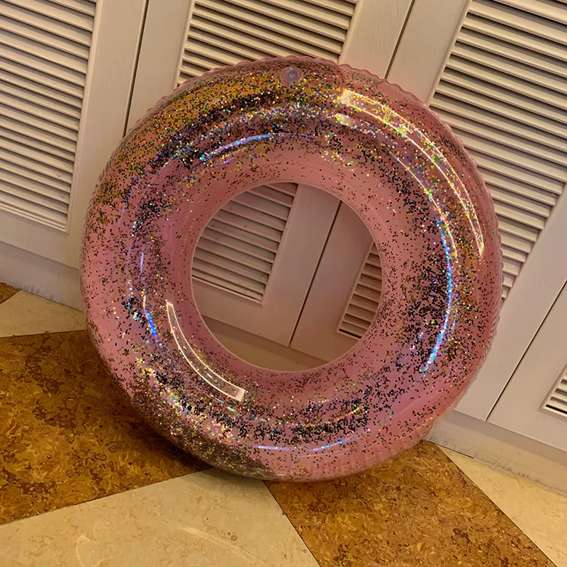 PVC Inflatable Color Transparent Sequined Gold Powder Swimming Ring Round Lifebuoy Sequined Pink Transparent Swimming Ring