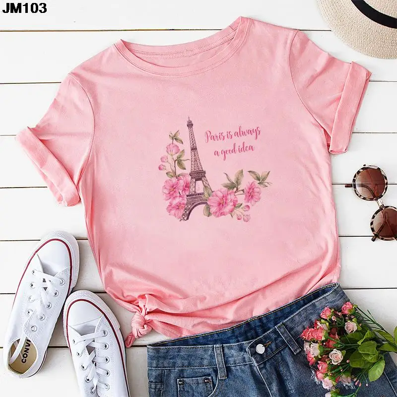 Fashion Women's Tshirt Harajuku Paris Eiffel Tower Print T Shirt Casual Streetwear Short Sleeve Top Pink Female Clothing T-shirt