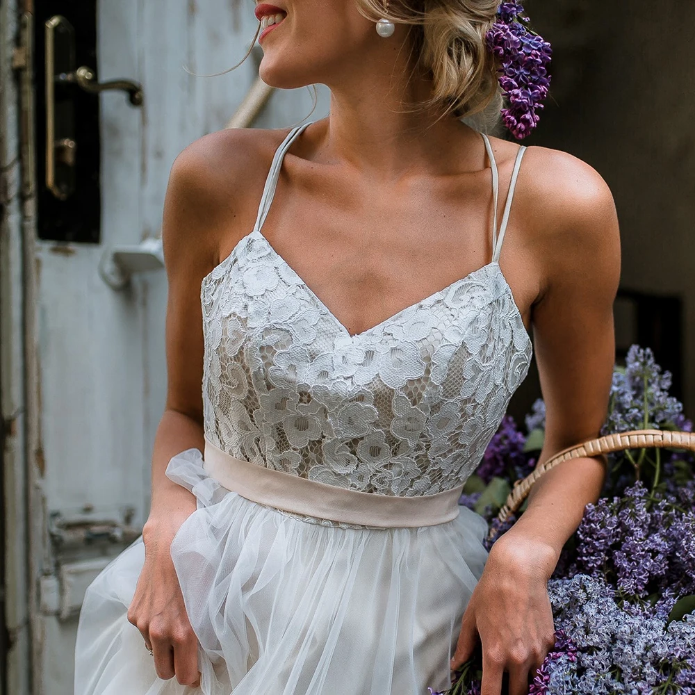 Robe de mariée en Tulle à bretelles spaghetti, en dentelle, sur mesure, grande taille, Sexy, rustique, ceinture croisée, dos nu