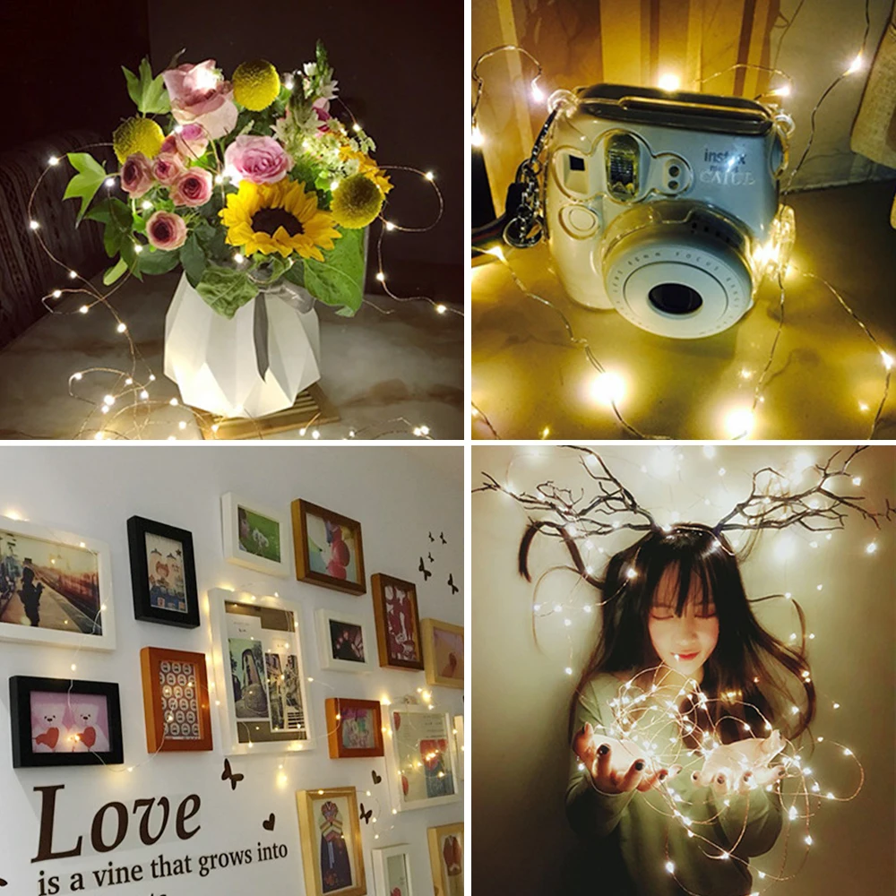 Guirnalda de luces LED de alambre de cobre para interiores, guirnalda de Navidad, dormitorio, hogar, boda, decoración de Año Nuevo, USB, alimentado por batería