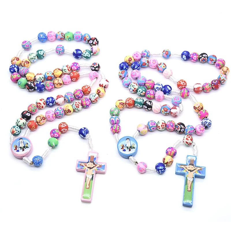 QIGO Colorful Polymer Clay Rosary Necklace Handmade Children Catholic Cross Prayer Beads