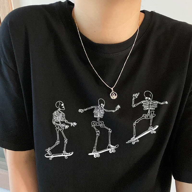 Gothic Skateboard Skull Print Spoof Casual Short-sleeved Loose Women T-shirt Harajuku Hip-hop Vintage Tops Big Size Ulzzang Tees