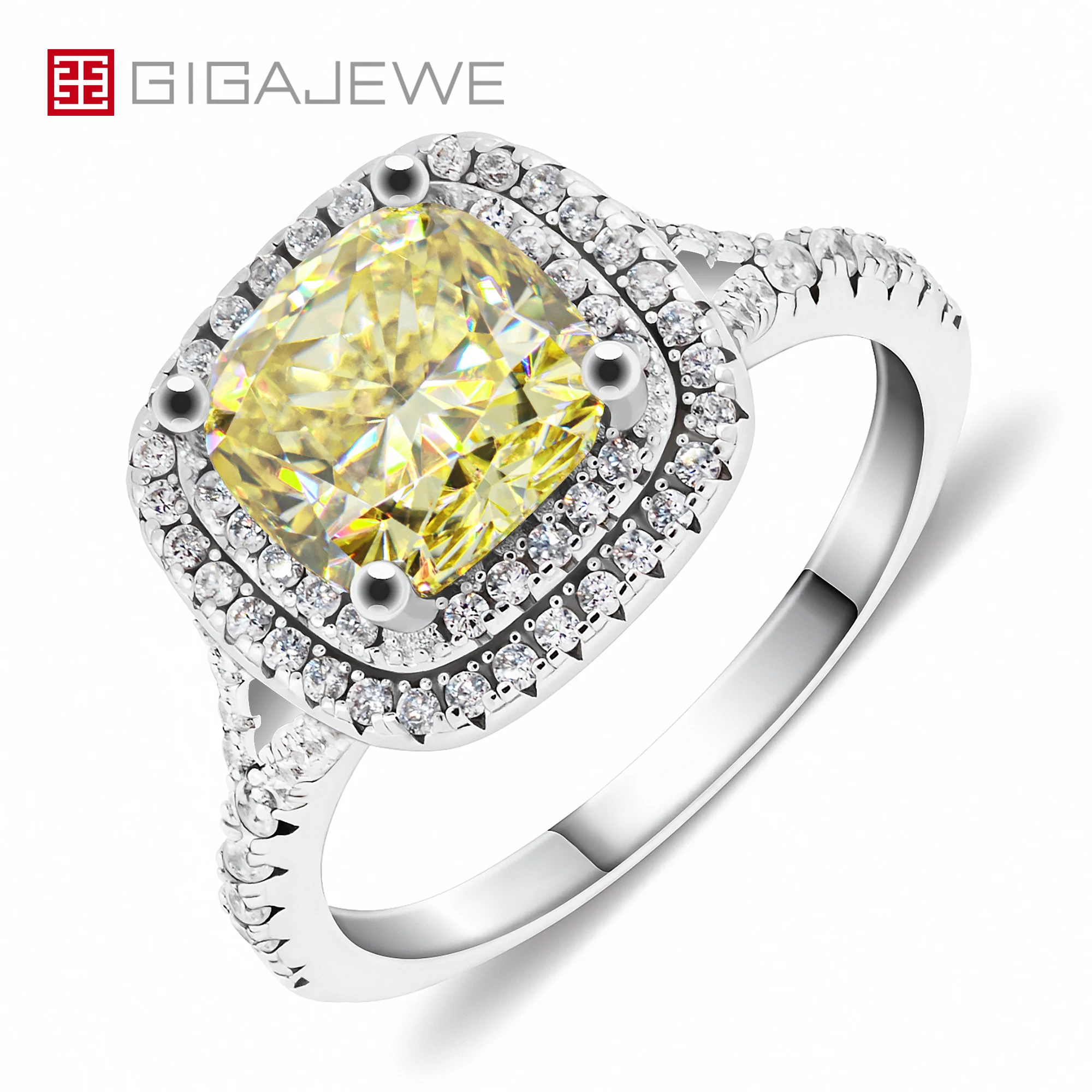 

GIGAJEWE 2.5ct 8.0mm VVS1 Vivid Yellow Color Crushed Ice Cushion Cut 18K White Gold Moissanite Engagement Ring Claw Setting Gift