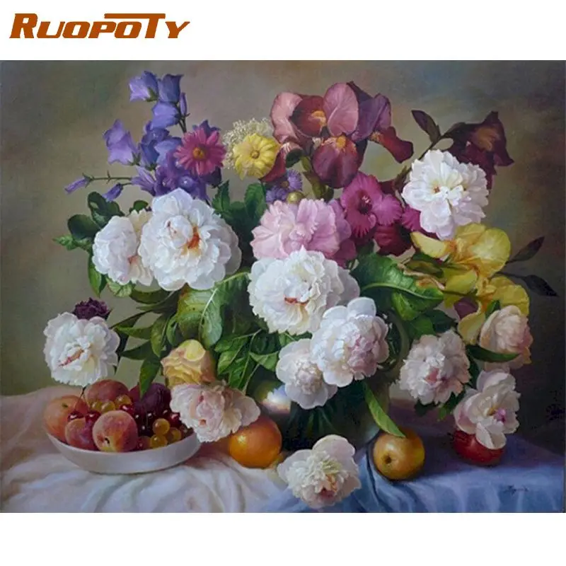 

RUOPOTY Frame Flowers DIY Painting By Numbers Kit Wall Art Picture Modern Hand Painted Oil Painting Coloring By NumbersArtwork