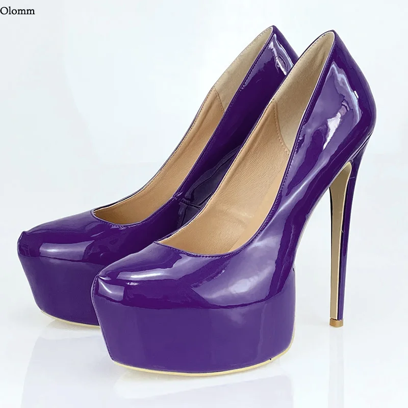 Olomm Handmade Women Platform Pumps Sexy Stiletto Heels Round Toe Gorgeous Purple Club Wear Shoes Ladies US Plus Size 5-20