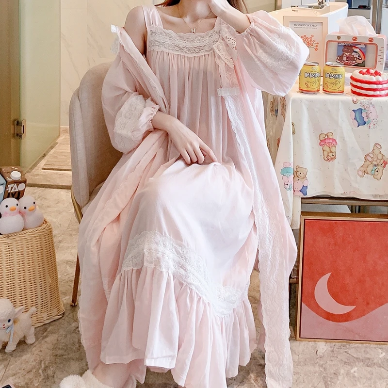 Fairy Night Dress Women Autumn Pure Cotton Long Robe Slip Dress Peignoir Sets Princess Sleepwear Victorian Vintage Nightgowns