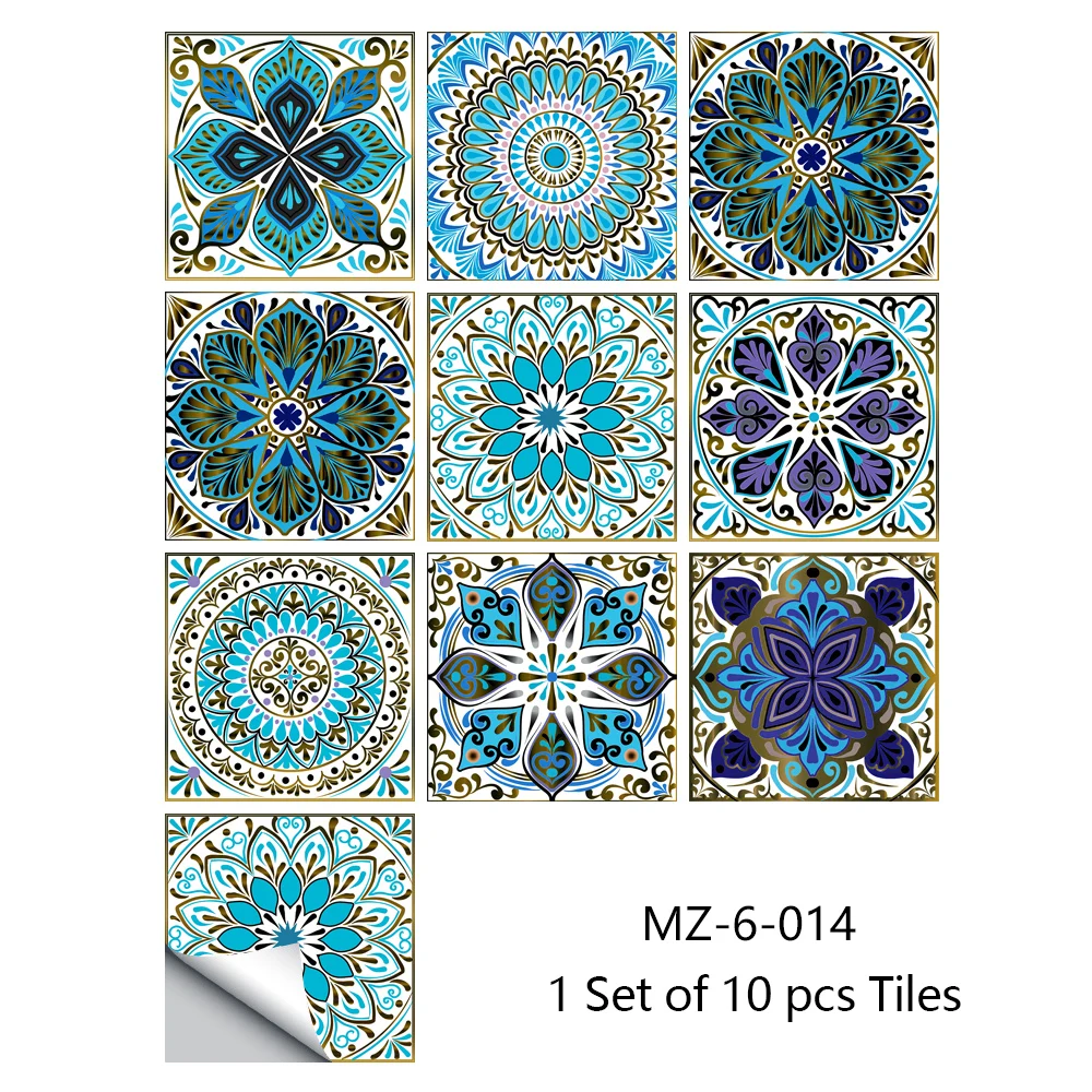 Dream Blue Mandala Style Matte Surface Wall Sticker Non-slip Tile Decoration Film For Tile /Ground in Kitchen Bathroom Art Mural