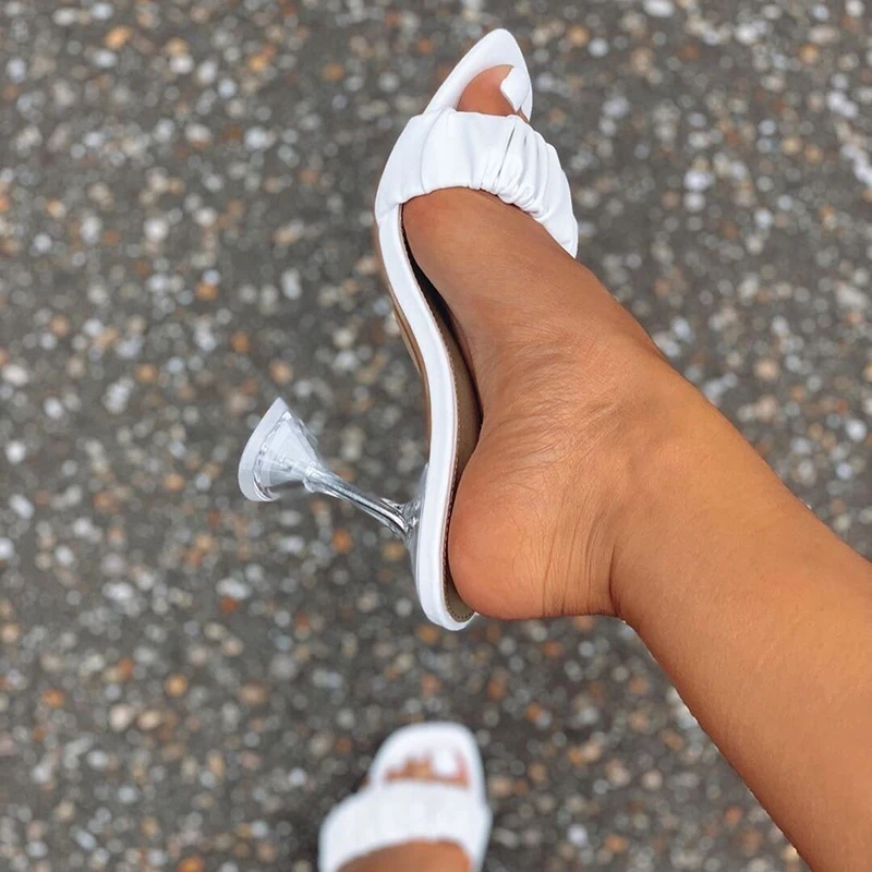 2022 Summer woman pleated shoes transparent perspex crystal high heels open toe mules ladies slides shoes white black size 40