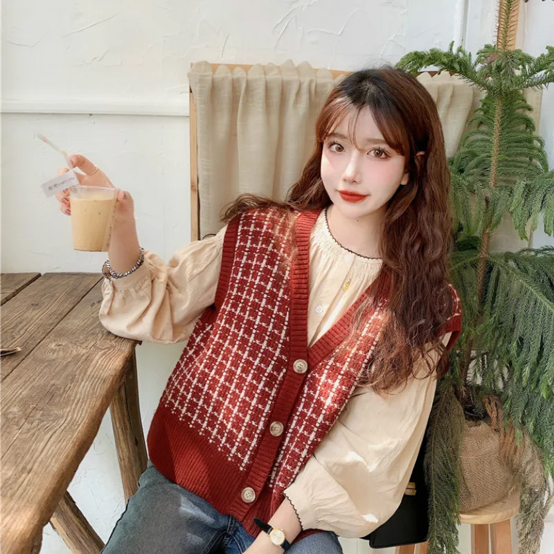 Sweater Vest Women Vintage Burgundy Plaid Soft Casual Korean Trendy Ladies Sleeveless Knitwear Chic Daily Preppy Female Sweaters