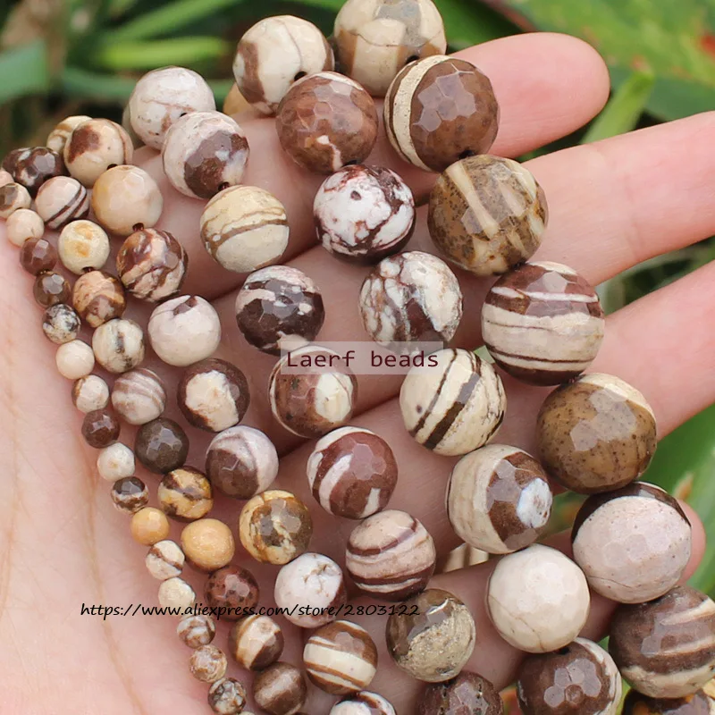 Natural Faceted Australian Zebra Jasper Round Loose Beads 15''/ Strand 4-12MM Pick Size For Jewelry Making