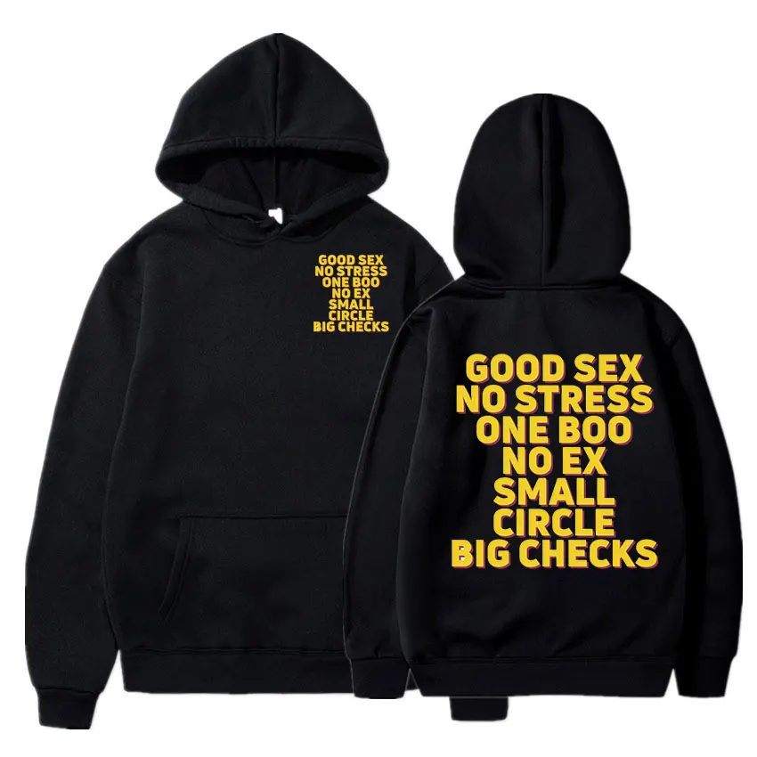 Letter Print Good Sex No Stress One Boo No Ex Small Circle Big Checks Hoodies Men Funny Casual Pullover Streetwear for Teenager