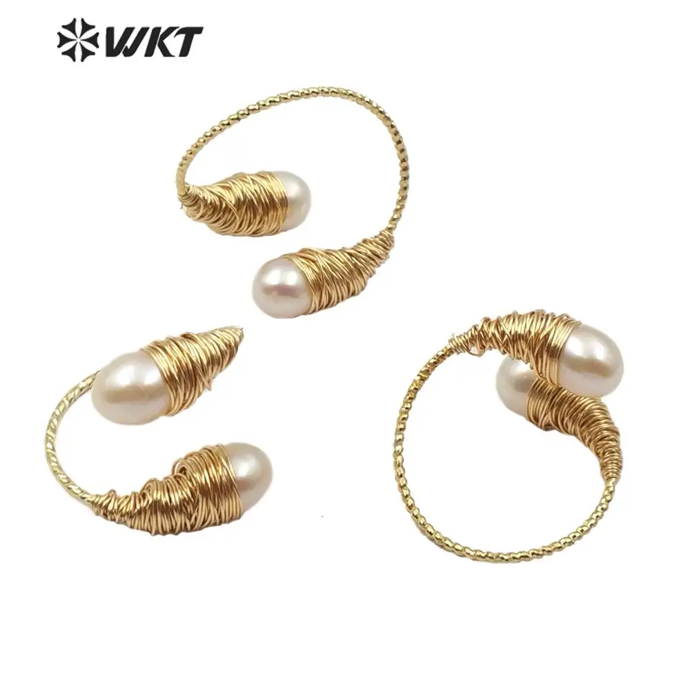 

WT-R342 WKT New! Natural Pearl Ring Gold Electroplated Wire Wrapped Double Pearl Ring Adjustable Women's Pearl Ring Jewelry