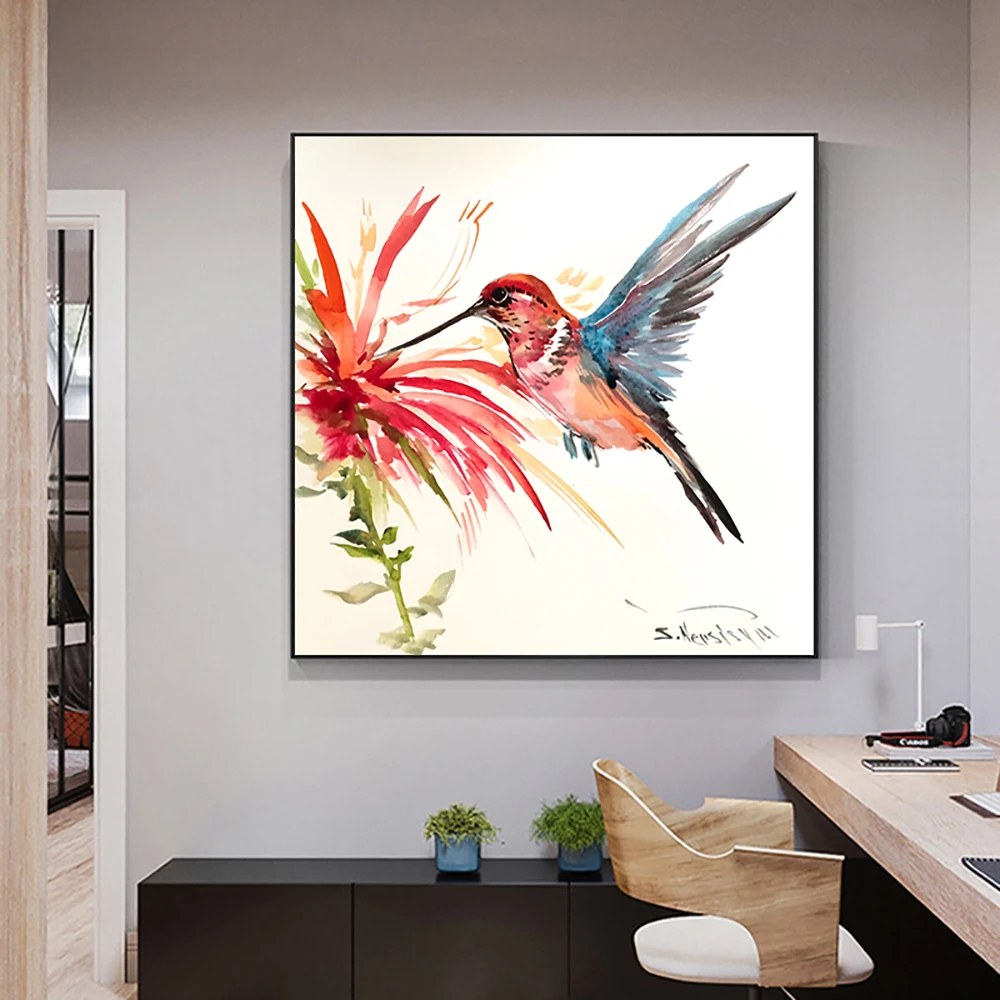 Color Hummingbird Picking Nectar Painting Print On Canvas Posters Modern Wall Art Pictures for Living Room Cuadros Decor