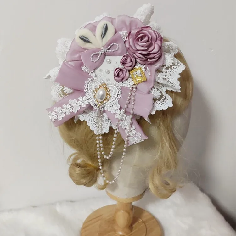 Mori Girl Lolita Hairpin Top Hat Side Clip Headdress sweet ace flower Ribbon Hairpin Hat Costume Accessories