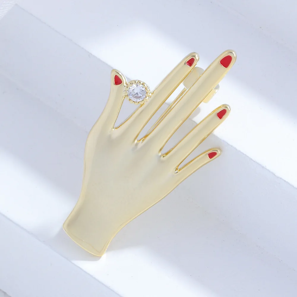 New Red Nail Hand Brooches for Women Crystal Enamel Pins Wedding Party Brooch Pin Korean Fashion Jewelry Accessories Gifts