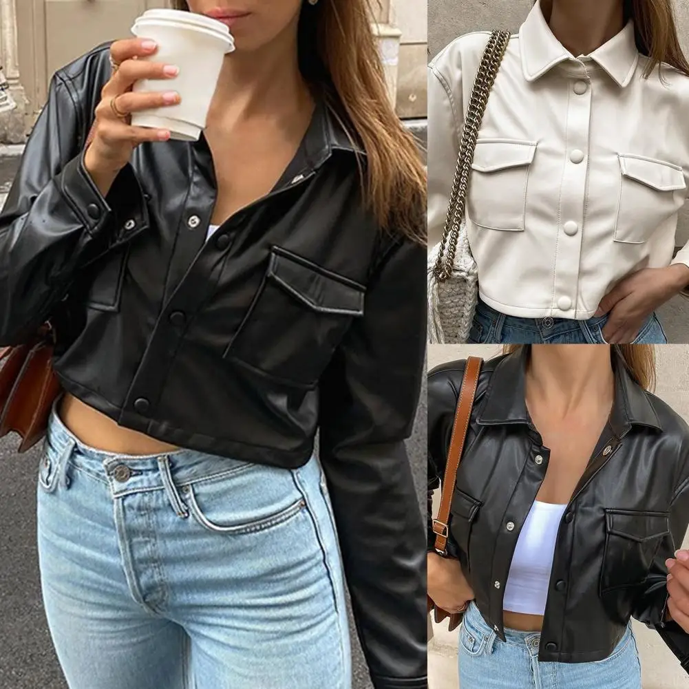 PU Leather Short Jackets Women Faux Leather Motorcycle Jacket Coat Button Solid Color Coat Harajuku Punk Style Street for Daily