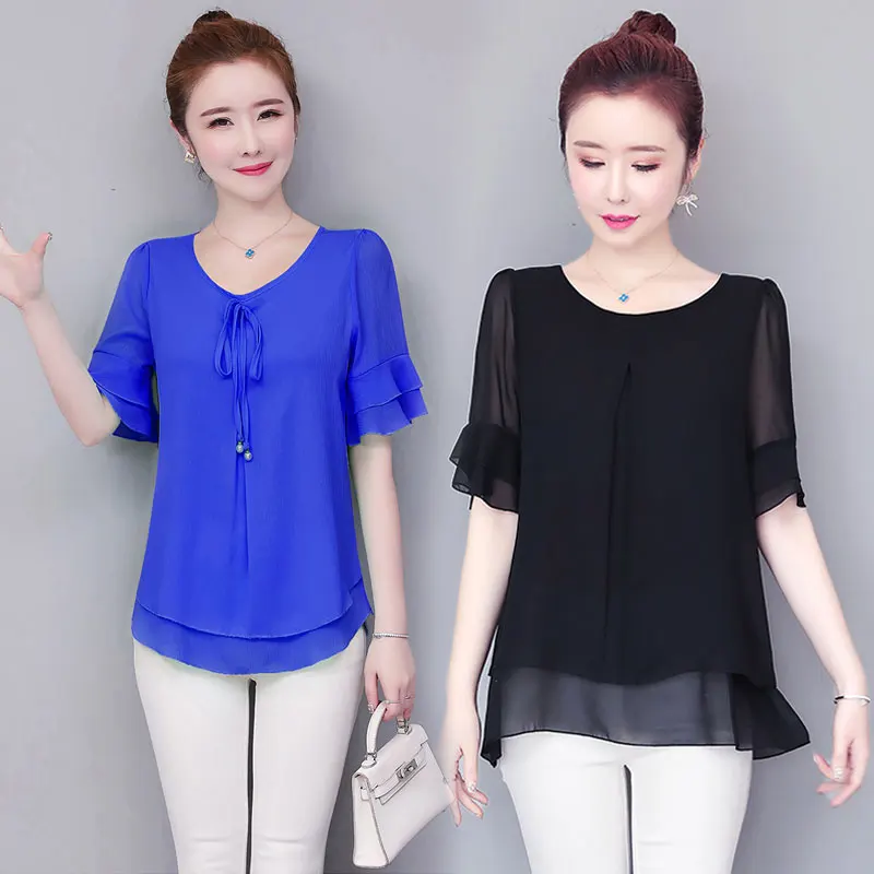 Women Blouses Solid 2020 Summer New Short- Sleeve V-Neck Lace up Shirt Female Chiffon Womens Plus Size Tops Slim Clothing NS4544