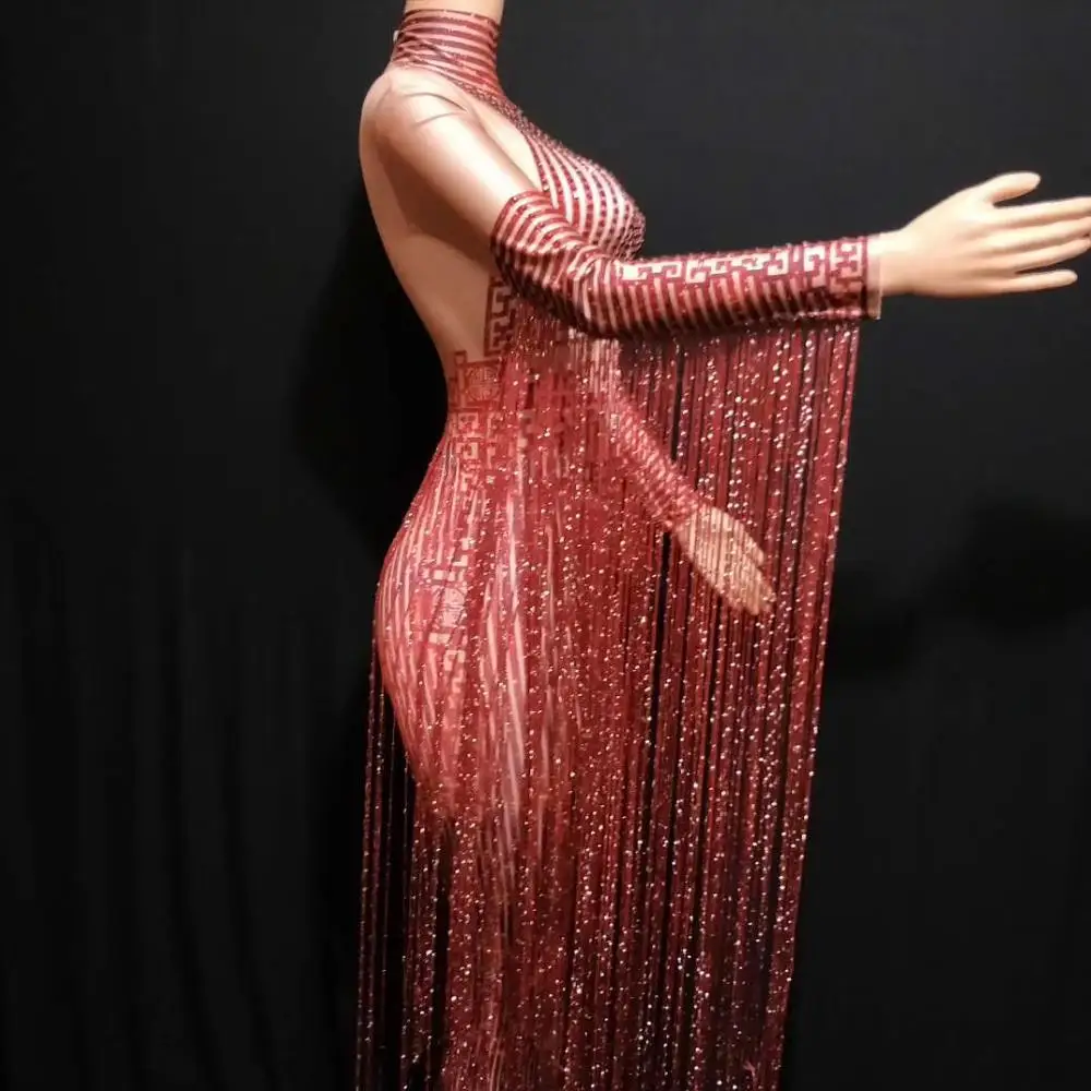 Sexy Glisten Crystal Red Jumpsuit Long Tassel Rhinestone Jumpsuit Women Outfit Nightclub Singer Costume Stage Dance DS Jumpsuit