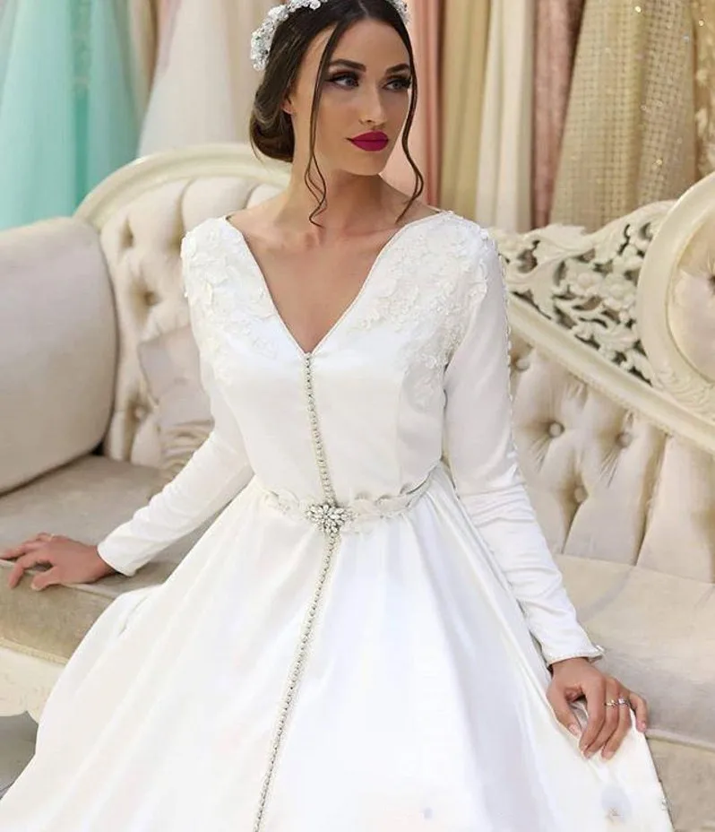 Marroquino caftan de manga comprida, vestidos de noiva muçulmanos, vestido de cetim, branco, elegante, 2024