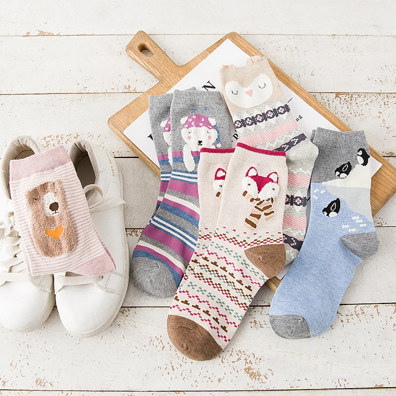 5Pairs New Spring Autumn Women Cotton Socks  In tube Animal Ear Cute Socks Fox Bear Soft Cartoon Socks Girl