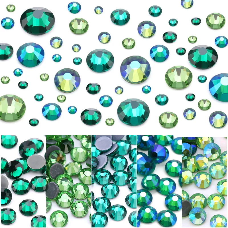 Hotfix Rhinestone Green Set Flat Back Iron On Strass Crystal Glass Stones Nail Art SS6-SS30 Rhinestones For Clothes Decorations