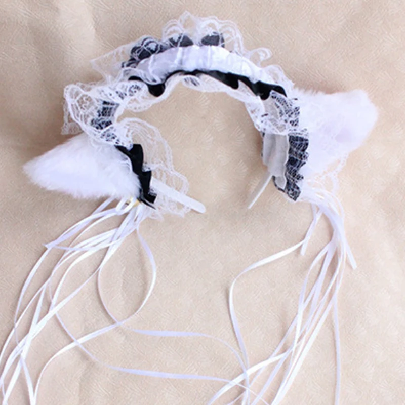 Maid Women Ruffles Lace Headband Plush Cat Ears Ribbon Bell Hair Hoop Cosplay and Material is lace, plush