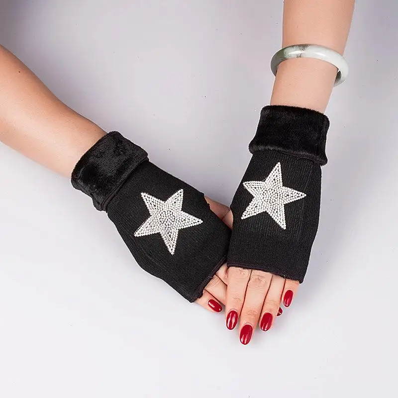 Winter Handschuhe Damen Strass Schädel Diamant Krone Halb Finger frauen Handschuhe Mode Warme Gestrickte Schwarze Fäustlinge A573