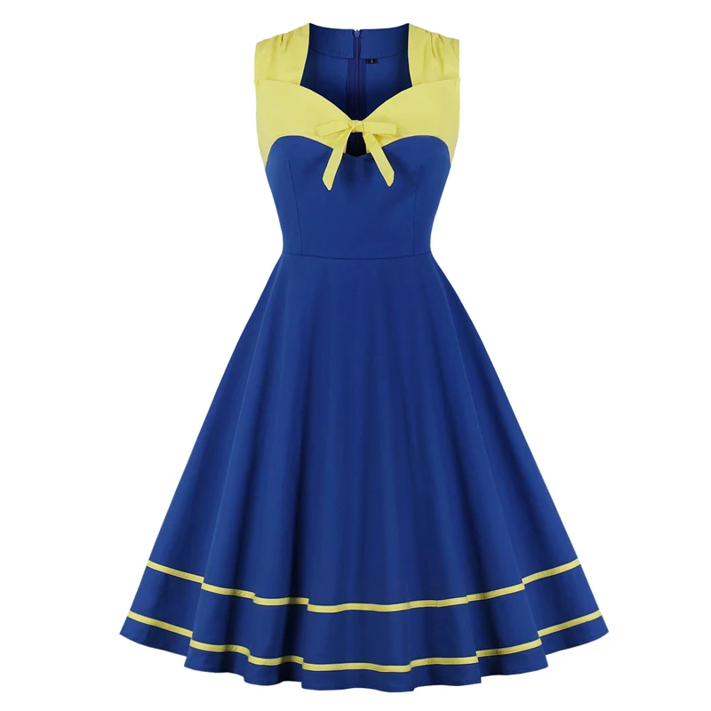 Women A Line Vintage Party Dresses Tie Front Elegant Color Block Cotton Rockabilly Swing Dresses Summer Plus Size Women Dress