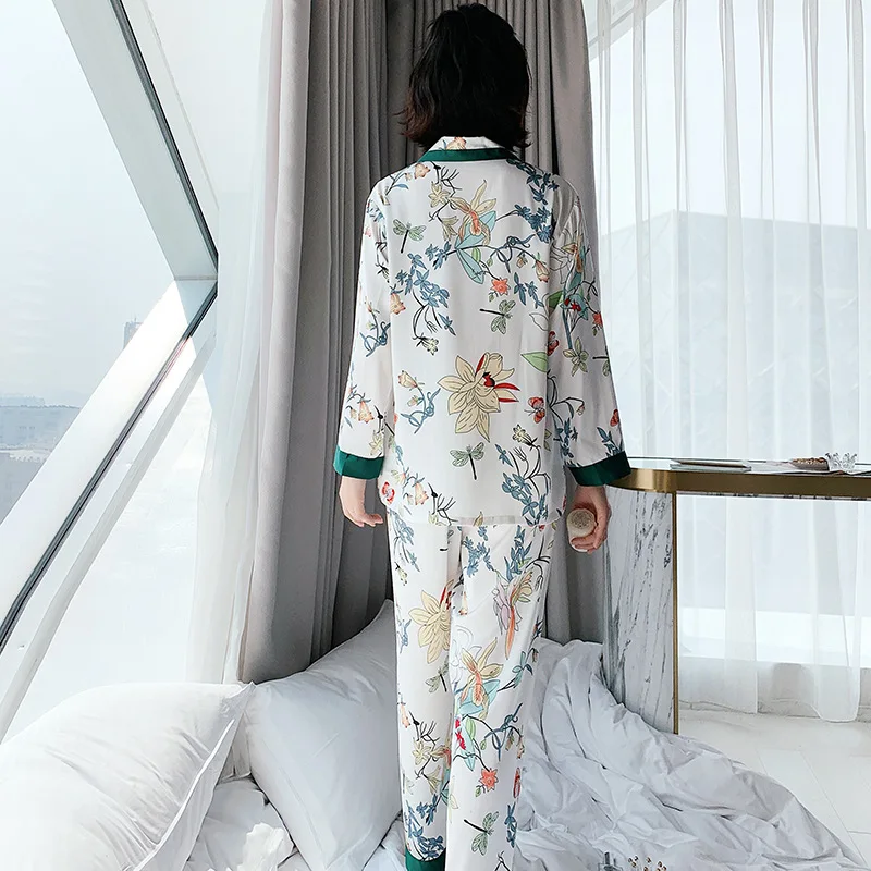 Green Print Floral Female Sleep Set 2PCS Shirt&Pant Long Sleeve Pajamas Set Satin 2PCS Sleepwear Nightwear Lady Casual Home Wear