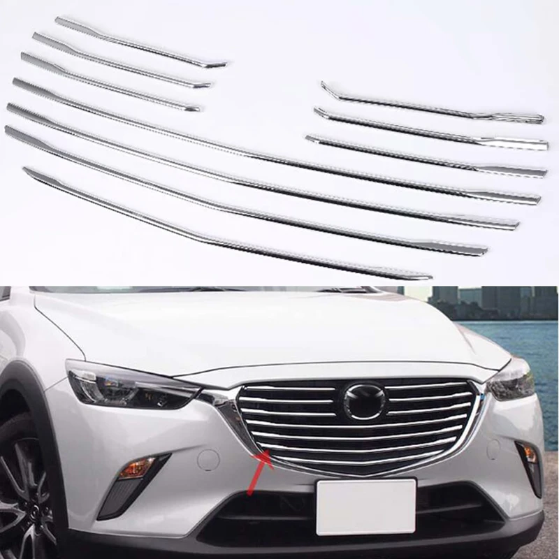 10pcs For Mazda CX-3 CX3 2016 2017 2018  Car Front Grille Cover Trim Molding Chrome ABS Insert Bonnet Garnish Protector Sticker