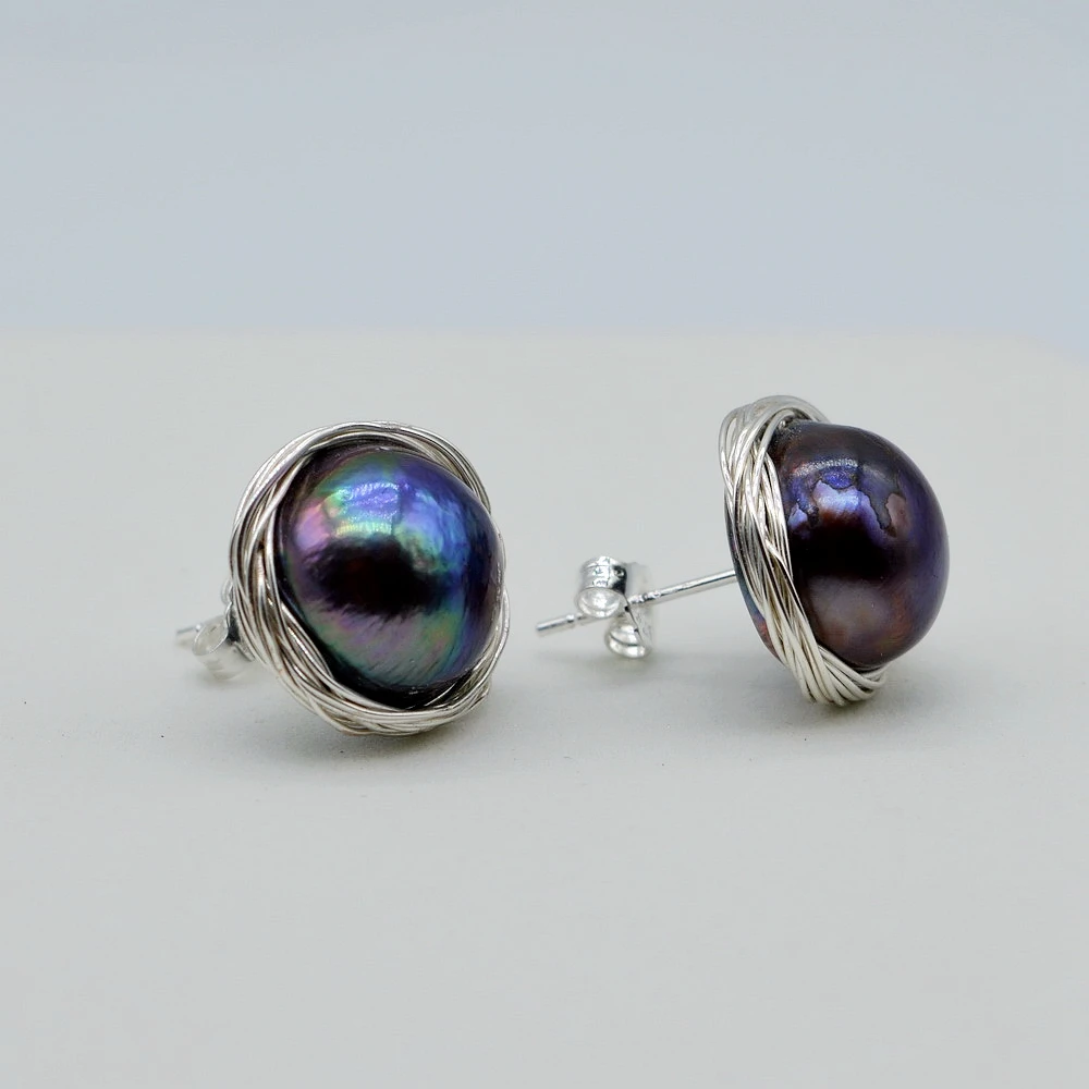 Black Pearl Stud Earrings Natural Pearl Silver Stud Earrings Irregular Baroque Stud Earrings Handmade Women\'s Stud Earrings