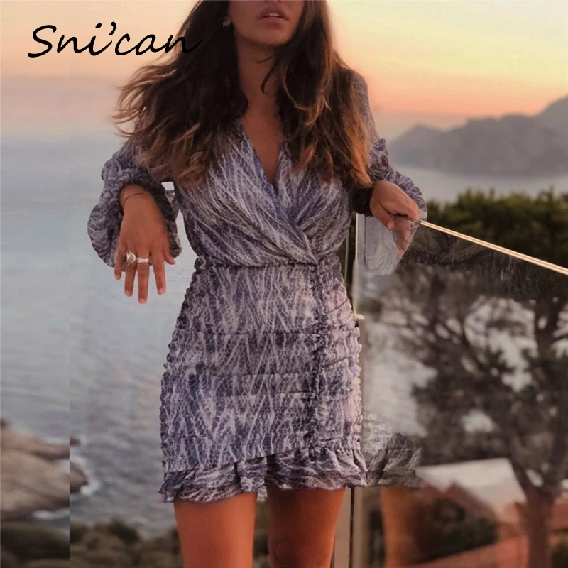 Sukienka-vestido con volantes y estampado de piel de serpiente para mujer, vestido sexy de manga farol con cuello de pico para primavera y otoño, letnia za, 2020