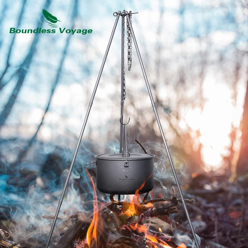 Boundless Voyage Adjustable Titanium Tripod Outdoor Campfire Pot Kettle Grill Holder Portable Cookware Camp Tripod Ti9013O