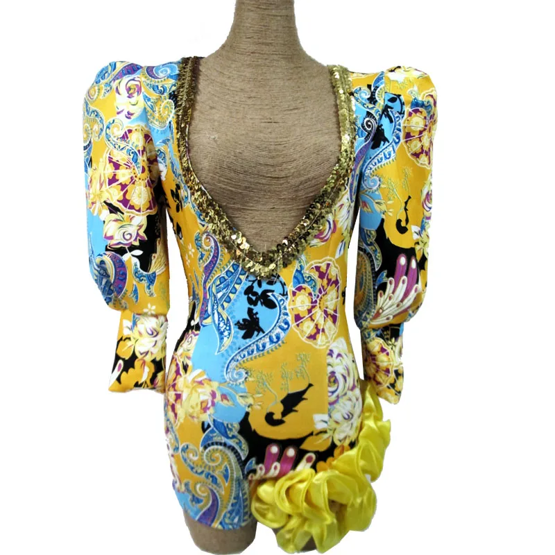 Jazz Dance Costumes Yellow Fashion Print Bodysuit Pole Dancing Clothes Nightclub Dj Female Hip Hop Outfit Rave Stage Wear DT1083