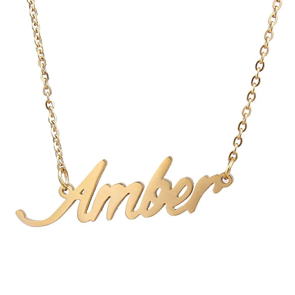 Amber Name Necklace for Women Personalized Stainless Steel Jewelry Nameplate Pendant Femme Mothers Friends Gift