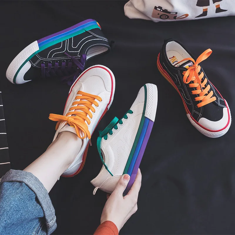 Canvas Shoes Women Vulcanize Shoes New Style rainbow Sneakers Ladies Flats Casual Breathable Walking travel Little white shoes