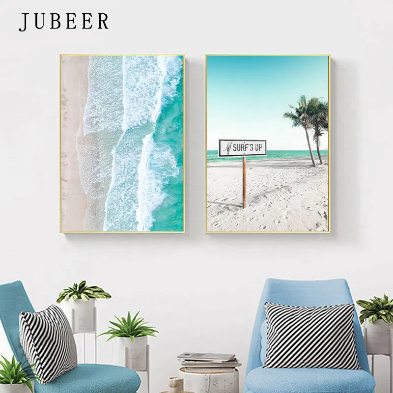 Boat Ocean Waves Overhead Picture Nature Scandinavian Poster Nordic Decoration Sandy Beach Bus Print Wall Art Canvas Painting