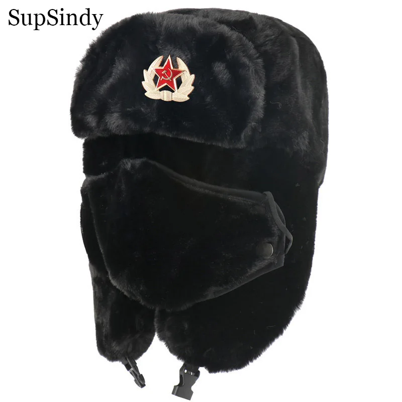 SupSindy Armia wojskowy radziecki CCCP Ushanka mężczyźni i kobiety zimowe nauszniki Bomber kapelusz ciepłe Faux futro wiatroszczelna czapka termiczna śnieg czapki narciarskie