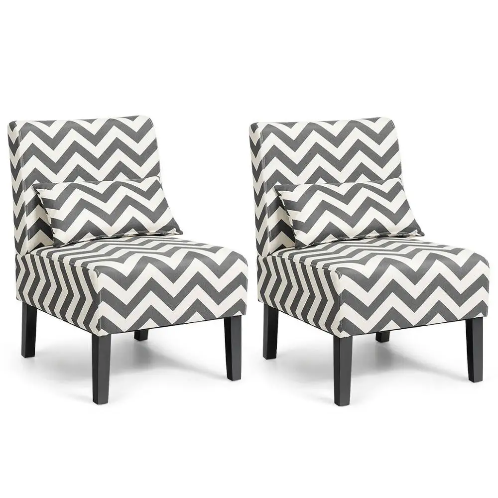 Set of 2 Armless Accent Chairs for Living Room  with Lumbar Pillow Gray Chevron