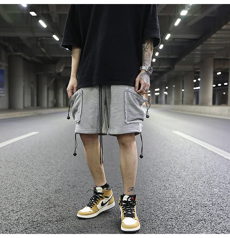 High street style stitching functional pocket sling terry shorts dark street style men's casual cotton shorts